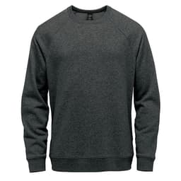 A dark grey crew neck sweater with long sleeves and a simple design, featuring a logo on the front.