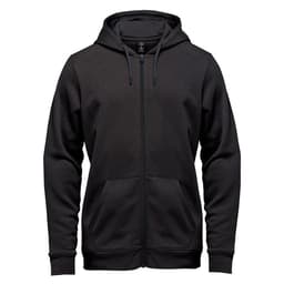 A black full zip hoody featuring a hood and front pockets, with a logo on the upper left side.