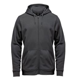 A men's full zip hoody in dark grey, featuring a front zipper and pockets. Includes a branding logo.