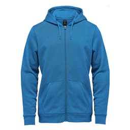 A blue men's fleece full zip hoody featuring a hood and front pockets, with a logo on the upper front.