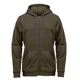 A full zip hoodie in olive green featuring a hood and front pockets, with a logo on the chest.