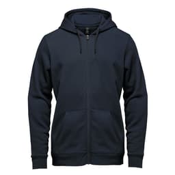 A navy full zip hoodie featuring a hood, kangaroo pockets, and a logo on the front.
