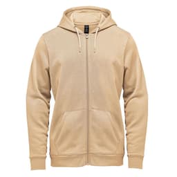 A tan Men's Monashee Fleece Full Zip Hoody featuring a hood and front pockets, with a branding logo.