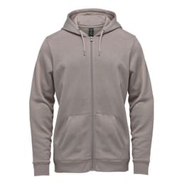 A full zip hoody in a muted beige colour featuring a hood and front pockets, with a logo on the chest.