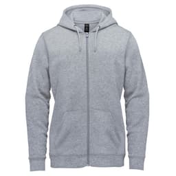 A grey fleece full zip hoody with a hood and pockets, featuring a logo on the chest area.