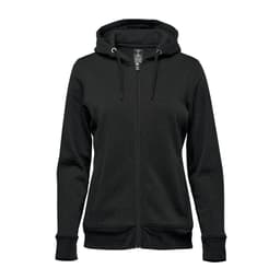 A black women's fleece full zip hoody featuring a hood and front pockets, with a logo on it.