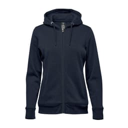 A navy blue women's fleece full zip hoodie featuring a hood and front pockets, with a branding logo.