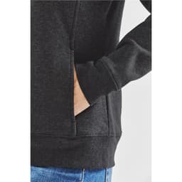 A black fleece hoodie featuring side pockets and a close-up view of the sleeve and hem.