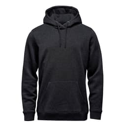 A black Men's Monashee Fleece Pullover Hoody featuring a front pocket and a drawstring hood.