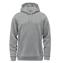 A grey fleece pullover hoodie with a front pocket and drawstring hood. It has a branding logo.