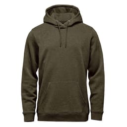A green fleece pullover hoody featuring a front pocket and drawstring hood. It has a simple design with branding.