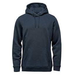 A dark grey fleece pullover hoody featuring a front pocket and a drawstring hood. It has a logo on it.