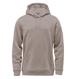 A men's fleece pullover hoody in a tan colour, featuring a front pocket and a hood. It has a logo on it.