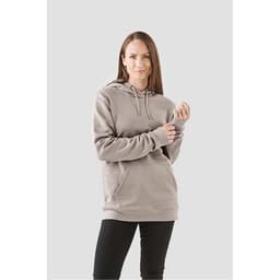A women's hoodie in a muted grey colour, featuring a hood and long sleeves. The design includes a small logo.