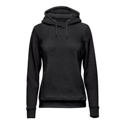A women's black fleece pullover hoody with a hoodie, drawstring, and a logo. Features a stylish, comfortable design.