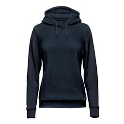 A women's pullover hoody in dark navy with a kangaroo pocket and a drawstring hood. It has a subtle branding logo.