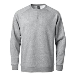 A grey men's henley shirt with a button placket and long sleeves, featuring a logo on the chest.