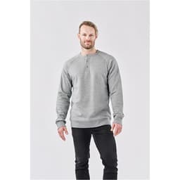 A grey men's Henley shirt with a round neckline and long sleeves, featuring a subtle logo.