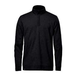 A black men's quarter zip pullover with long sleeves and a high collar, featuring a logo.