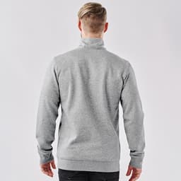 A grey men's pullover with a 1/4 zip, featuring a simple design and a fitted style at the back.