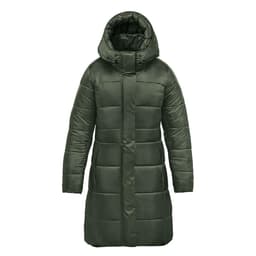 A women's puffer jacket in olive green with a hood, featuring a quilted design and a knee-length cut. 