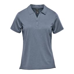 A short sleeve polo shirt in a blue-grey tone, featuring a collar and a logo on the chest.