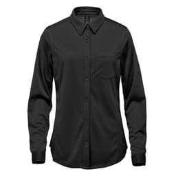 A black women's long sleeve button-up shirt features a collar and a chest pocket. It has a logo on the label.
