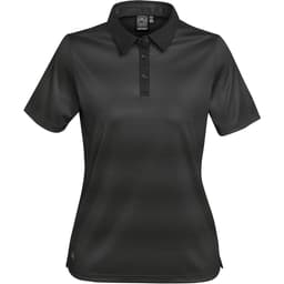 A women's short-sleeve polo shirt in black with a subtle striped pattern and a collar, featuring branding.