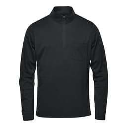 A black 1/4 zip pullover jumper for men featuring a chest pocket and a logo.
