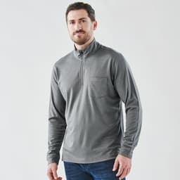 A grey men's pullover with a 1/4 zip and a chest pocket, featuring long sleeves and a logo.