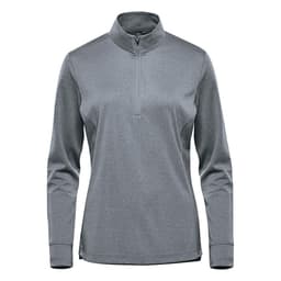 A women's 1/4 zip pullover in a grey shade, featuring long sleeves and a zippered collar. It has a logo.