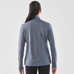 A women's grey Dockyard 1/4 zip pullover, featuring a snug fit and a collar, displayed from the back.