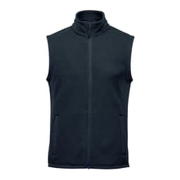 A dark green fleece vest with a high collar and side pockets, featuring a zip front and a logo.