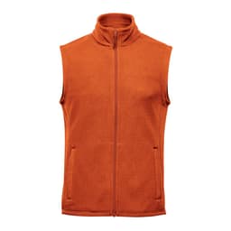 An orange fleece vest featuring a high collar and two front pockets, with a logo on the side.