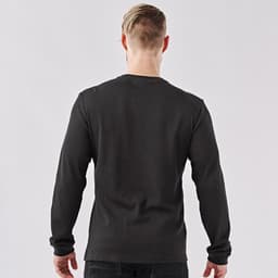 A men's crew neck shirt in ash grey, featuring long sleeves and a simple design, with a logo on the back.
