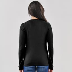 A black long-sleeve crew neck shirt displayed from the back, featuring a fitted design.