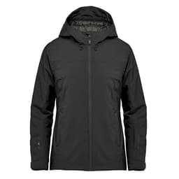 A black women's thermal shell jacket with a hood and zip closure, featuring pockets and a logo.