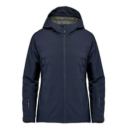 A navy thermal shell jacket with a hood and a logo on the sleeve. Features a front zip and zippered pockets.