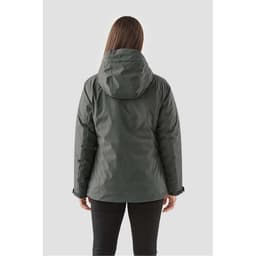 A women's thermal shell jacket in dark green, featuring a hood and a logo on the back.
