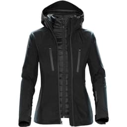A women's black jacket with a hood, featuring zippered pockets and a sleek design, also displaying a logo.