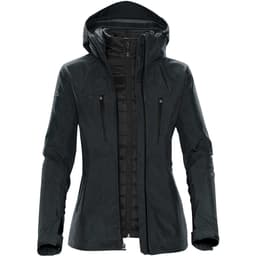 A women's jacket in dark green with a hood and zippered pockets, featuring a logo on the sleeve.