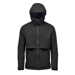 A dark grey technical shell jacket with a hood, featuring a zip closure and a cropped design. Branding is visible.