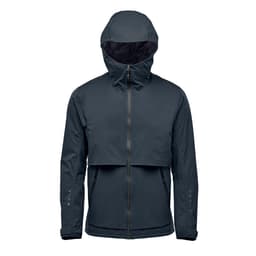 A dark grey, hooded men's rain jacket featuring a zipped front and a cropped design, with a logo present.