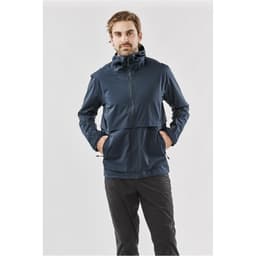 Men's technical rain jacket in navy blue, featuring a hood, front pockets, and a zip closure. Logo is visible.