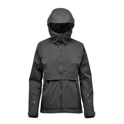 A women's rain jacket in dark grey with a hood and a branded logo on the front.