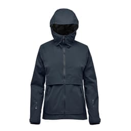 A dark navy women's rain jacket with a hood, featuring a front zip and a logo. Suitable for wet weather.