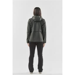 A women's rain jacket in dark grey, featuring a hood and a branded logo, displayed from the back.