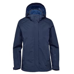 A navy blue women's jacket featuring a hood and an inner lining, with a logo on the exterior.
