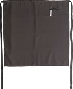 A black 100% polyester apron featuring ties and a small pocket, with a logo present.