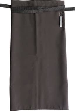 A dark grey 100% polyester apron with a waist tie and a small logo.